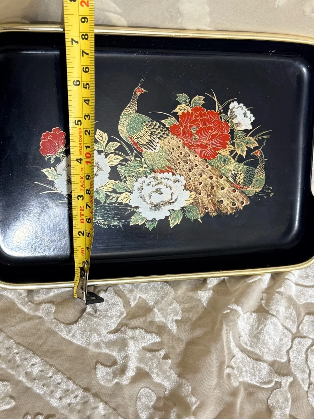 Vintage Peacock Peony Serving Tray Set Black Lacquer Style Gold Trim Asian MCM
